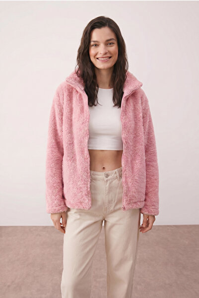 Purpleclo Kadın Oversize Fermuarlı Teddy Peluş Hırka