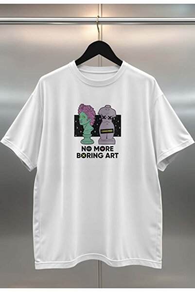 buzagi tasarım ürünleri Boring Art Digital Print Oversize White Unisex T-Shirt