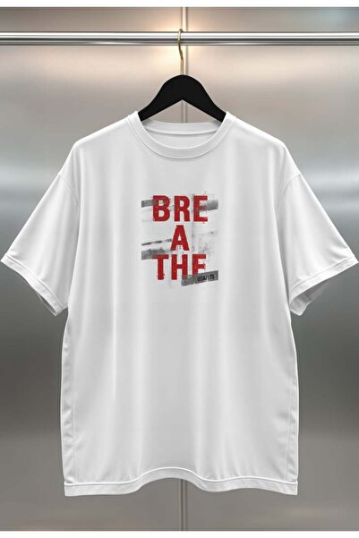 buzagi tasarım ürünleri Breathe Digital Print Oversize Unisex White T-Shirt