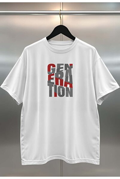 buzagi tasarım ürünleri Generation Digital Print Oversize White Unisex T-Shirt
