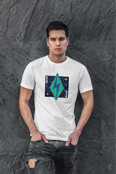 buzagi tasarım ürünleri Rave Digital Printing Regular Fit Unisex White T-Shirt