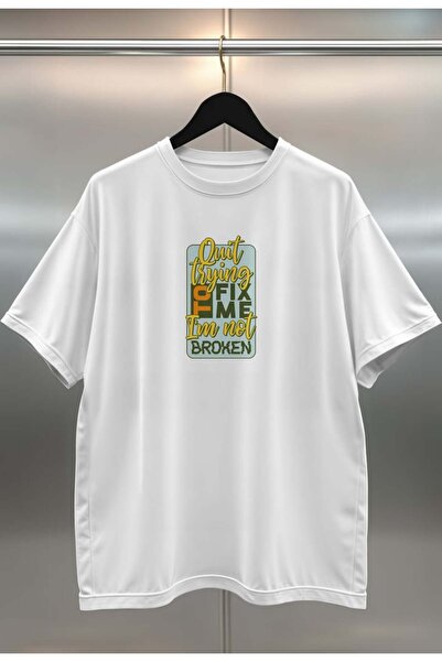 buzagi Quit Trying Digital Print Oversize Unisex White T-Shirt