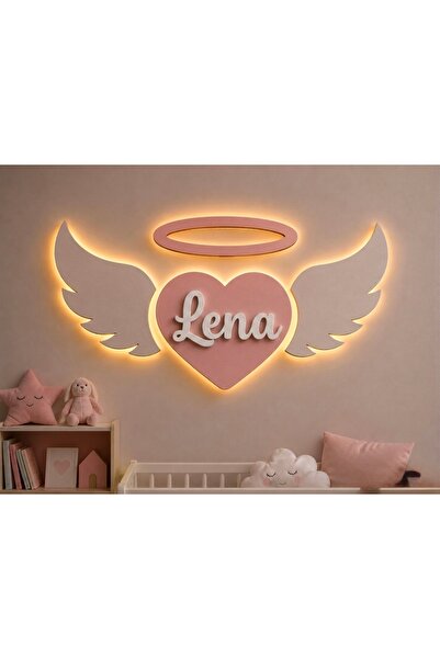Runc Design Kişiye Özel İsimli LED Işıklı Melek Kanatlı Kalp Duvar Dekoru | M...
