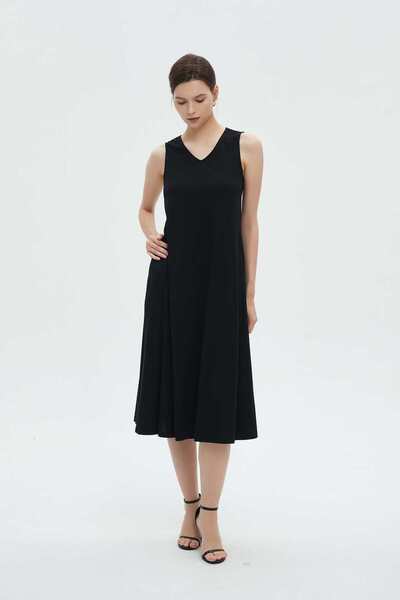 mica Plain V-Neck Solid Midi Dress for Women