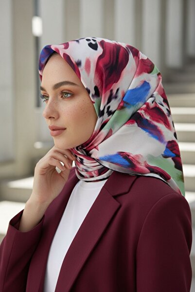 Vissona 100% حرير تويلي منقوش باللون الأحمر الداكن - ساكس ملون 90x90 شكل التط...