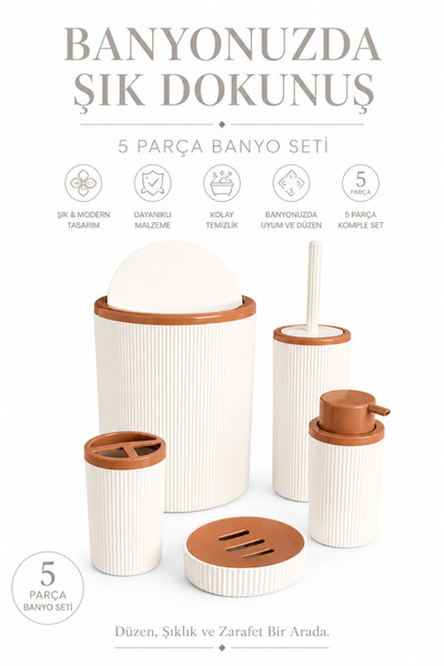 GATO SHOP 5 Parça Beyaz Çizgili Banyo Seti Çöp Kovası Klozet Fırçası Sıvı Sab...