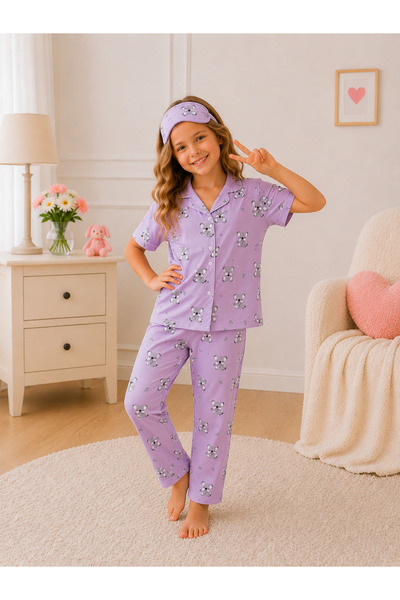 zahider Kız çocuk pamuklu düğmeli yazlık kısa kollu pijama takımı