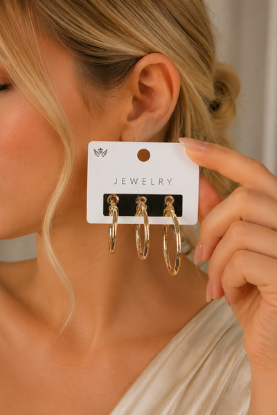 LOWEN AKSESUAR Gold Color Thin Design 3-Piece Hoop Earrings