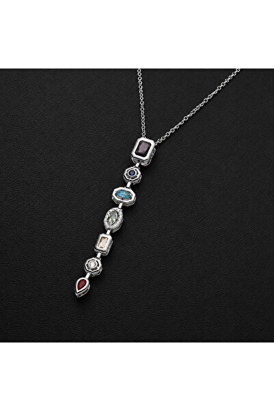 CAXBERN 7 Element Colorful Zircon Stone Silver Y Necklace Model