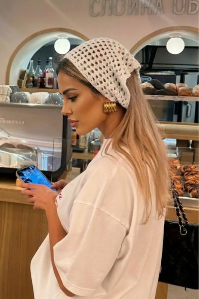 Dier Moda Kadın File Örgü Bandana Yazlık Delikli Triko Saç Bandanası Plaj Uyumlu