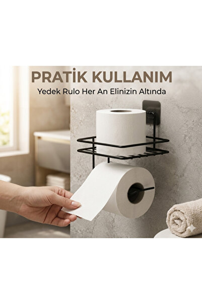 Patulya Aksesuar Toilet Paper Holder with Shelf Black Metal – Adhesive Modern Bathroom Wc Paper Holder Organizer Without Drilling