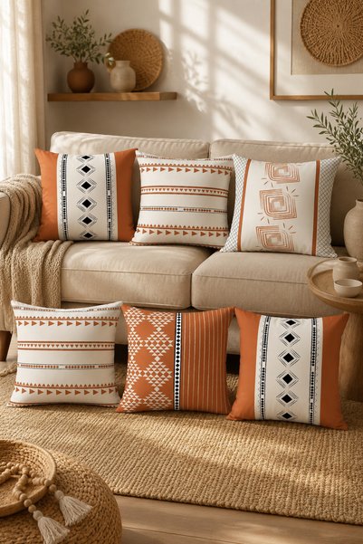 Belle Benoit 6-Piece Orange Beige Design Double-Sided Printed, Decorative, Seat Pillowcase, Cushion Cover Set