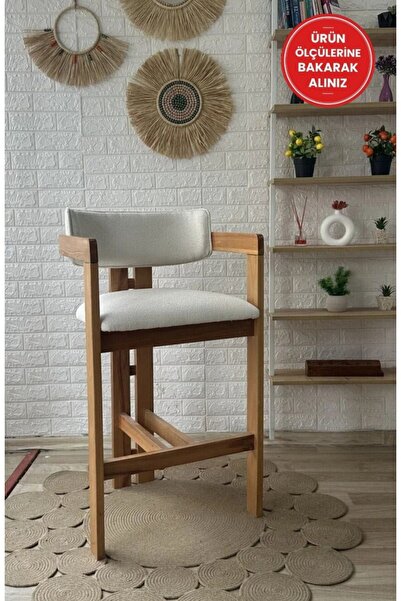 silla T Bar Sandalyesi Teddy Krem Kumaş Bar Sandalyesi Naturel Ahşap Ada Sand...