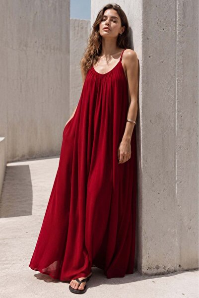 Madmext Bordo Halter Yaka Askılı Uzun Basic Kadın Elbise MG2163