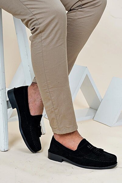 The Hope Shoes Corcik Siyah Süet Püsküllü Klasik Erkek Kundura Ayakkabı