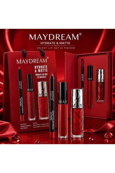 MAYDREAM مجموعة الاجمال للشفاه طقم روج ثابت + جلوس شفايف +محدد شفايف PH-1243