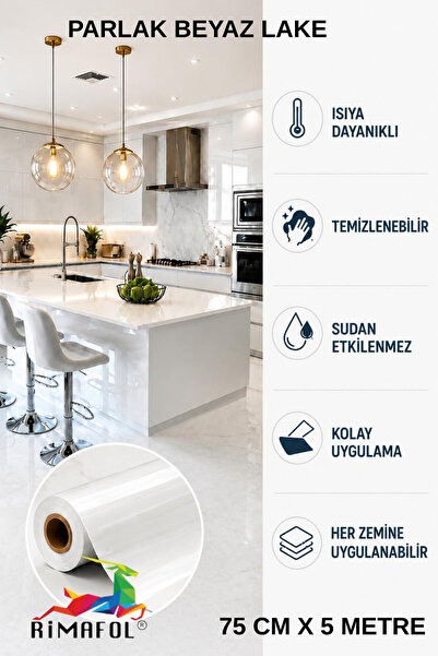 RİMAFOL Parlak Beyaz Yapışkanlı Mutfak Dolap ve Mobilya Kaplama Folyosu 75 CM...