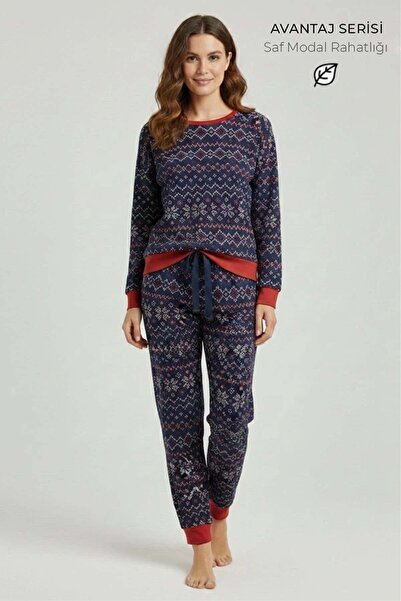 Aytuğ&Mısırlı Egyptian Women's Modal Patterned Pajama Set Navy Blue