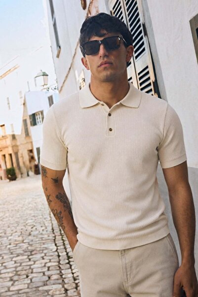 Madmext Stone Color Snap Closure Polo Collar Knitwear Men's T-Shirt E7493