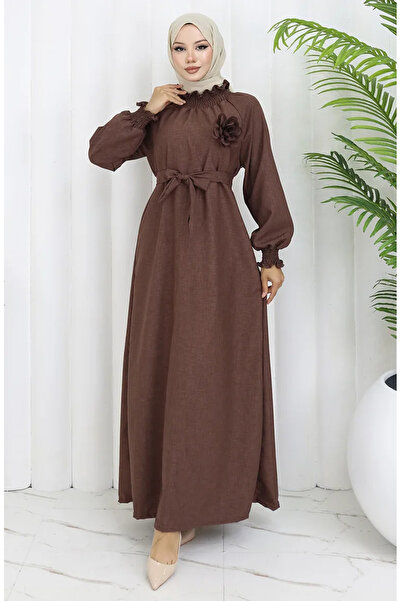 sefamerve Rochie cu curea din cauciuc 2063-03 Maro