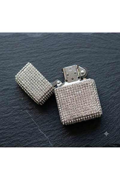 NESGIFT Siyah Gümüş Leoparlı Taşlı Zippo Çakmak