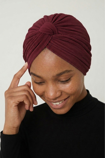 elysianfidan Cross Pleated Band Lined Burgundy Ready-To-Wear Turban Hijab Poo...