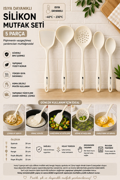 Perağ Ivory 5-Piece Hard-Tipped Heat-Resistant Silicone Kitchen Set – Colande...
