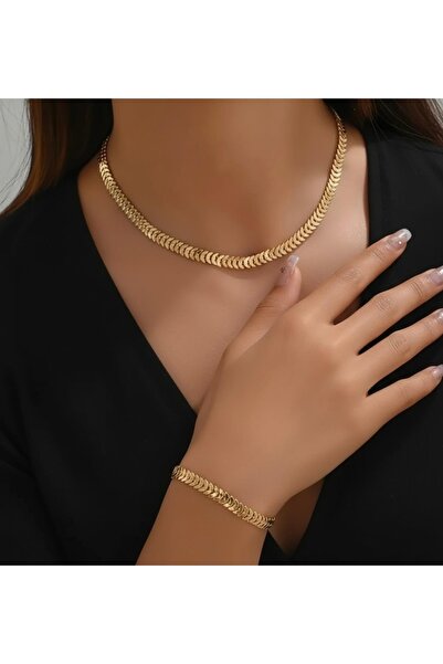 Eylülün Takısı Gold Renk Kolye Ve Bileklik Set