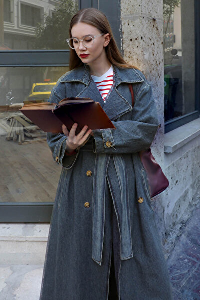 ZÜLAYS Oversize Denim Trençkot Koyu Mavi