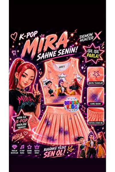 bemora kids بلوزة وردية من kpop Demon Huntrix مع تنورة قصيرة، طقم من قطعتين