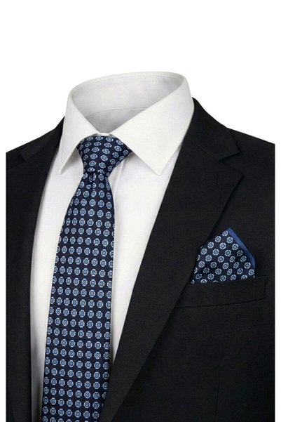 Bursa İpek Navy Blue Patterned Silk Tie Set