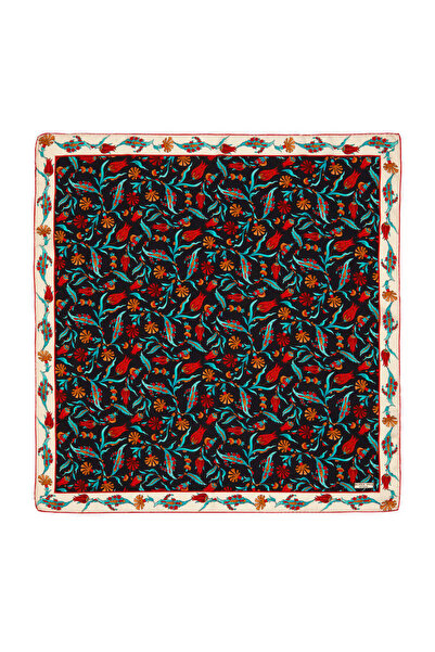 Bursa İpek Black Ecru Carnation Tulip Pattern Silk Scarf