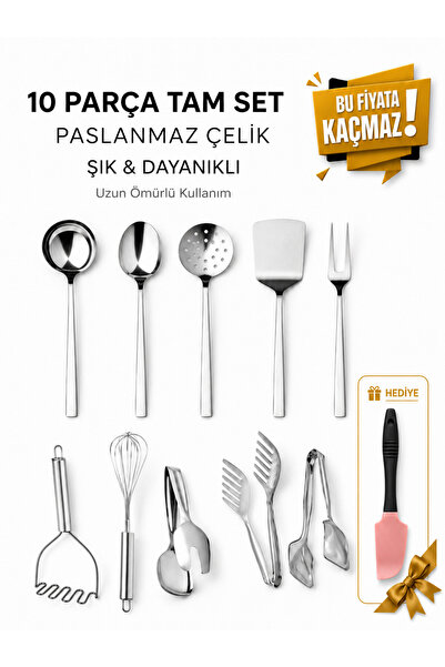 Birpa 10 Parça Paslanmaz Çelik Mutfak Seti – Servis Seti, Maşa, Çırpıcı, Pata...