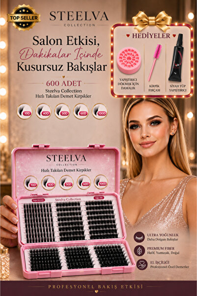 STEELVA Takma Kirpik Seti Yapıştırıcı, Ve Kirpik Fırçasıyla 600 Adet Kirpik T...