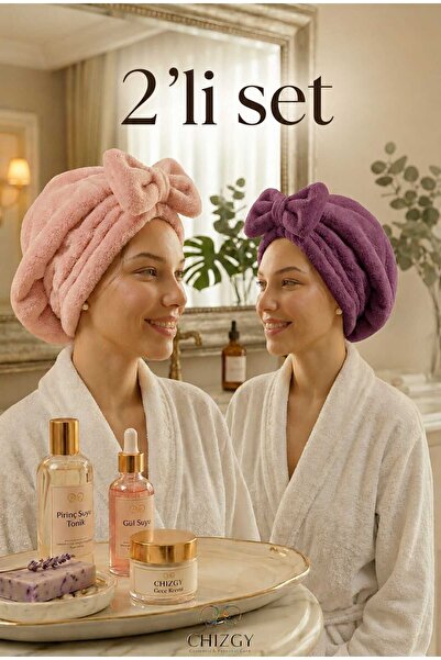 CHIZGY 2 Adet Mikrofiber Saç Havlusu Bonesi Lastikli Fiyonklu