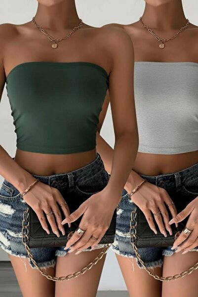 Olyssia Kadın 2'li Paket Koyu Yeşil & Gri Fit Straplez Büstiyer Crop Top – Şı...