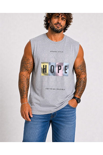 Starbattal Large Size Printed Sleeveless T-Shirt Hope 26124 Gray Melange