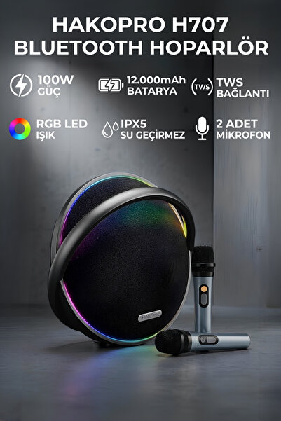 hakopro 100W 12000 mAh Rgb Ledli Siyah Bluetooth Hoparlör Ipx5 H707S