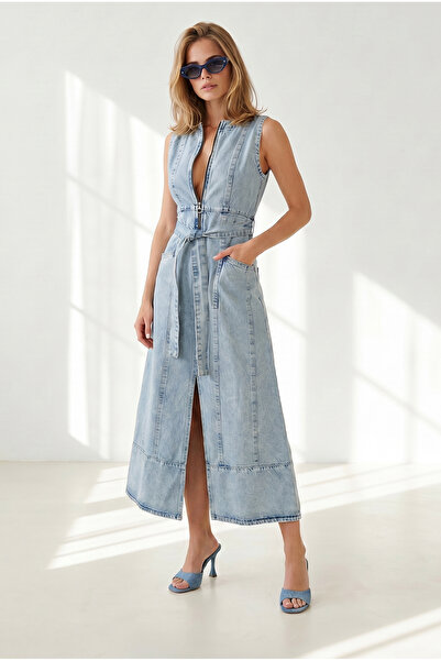 Olalook Women's Light Blue Half Zipper Slit Long Denim Dress Elb-19002678