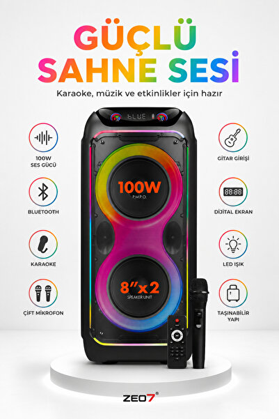 Zeo7 100W 80 cm Bluetooth Karaoke Hoparlör, Gitar-Saz Girişi, Dijital Ekran v...