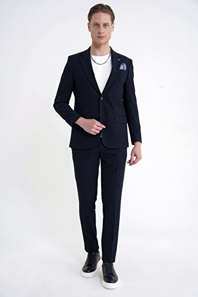 Efor Slim Fit Çift Yırtmaç Gofre Kumaş Esnek Lacivert Spor Takım Elbise TK 940