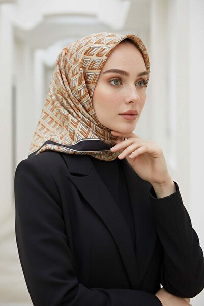 Vissona % 57 İPEK % 43 VİSKON Twill İpek Geometrik Desenli Bej - Taba Renkli ...