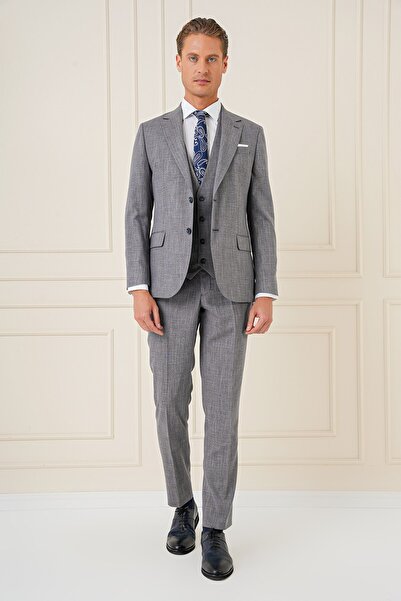 Efor Slim Fit Çift Yırtmaç Kırçıllı Dokuma Lacivert Yelekli Takım Elbise TK 902