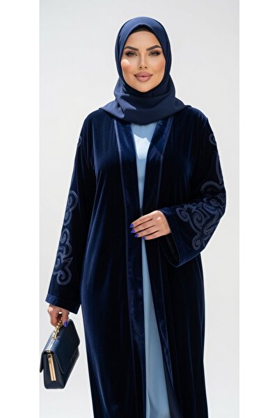 Muslima Wear الأزرق الداكن اليابانية المخملية الشرقية نمط الأكمام التطريز الم...