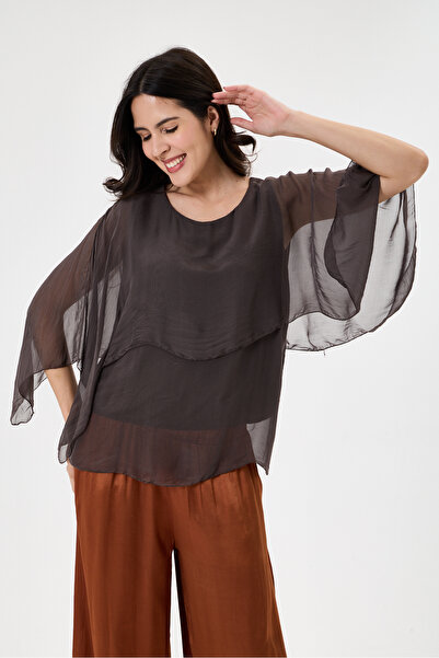 della moor Brown Italian Poncho Sleeve Lined Short Silk Blouse 38 - 42 Size