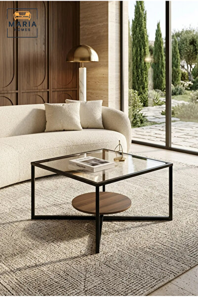 MARIA HOMES طاولة قهوة عصرية بإطار معدني أسود ورف خشبي بني وسطح زجاجي 75×75×4...