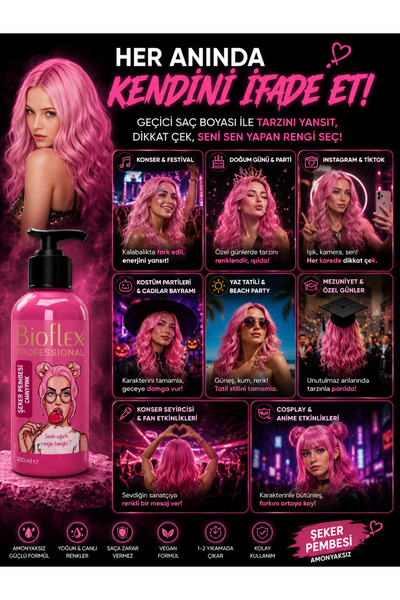 Bioflex Natural Hair Color Geçici-renkli Amonyaksız Şeker Pembe Renkli Saç Bo...