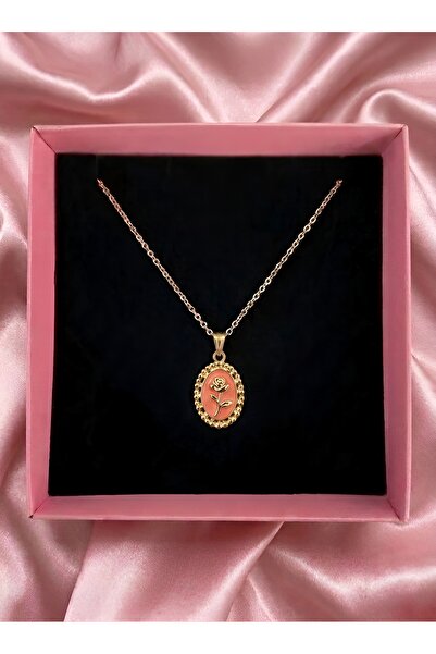 Gold Color Enameled Rose Necklace