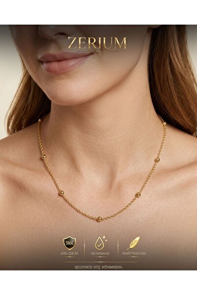 ZERİUM Minimal Gold Toplarla Bezeli Dorika Kadın Çelik Kolye 316l