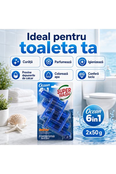 Super wash Odorizant WC Ocean 6 in 1, 4 x 50 g, parfum ocean, curata, parfumeaza, igienizeaza